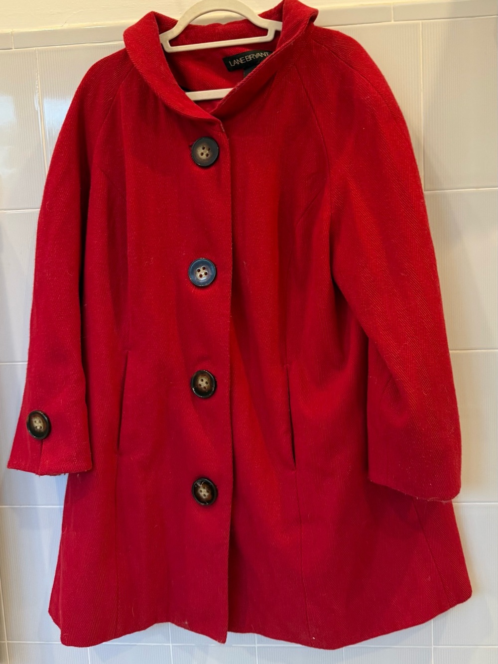 Lane Bryant Red Wool-Blend Pea Coat with Button Front